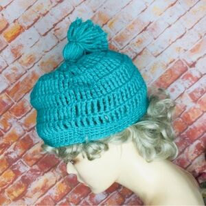 Teal Handmade Chunky Crochet Winter Beanie Hat with Pom Pom
